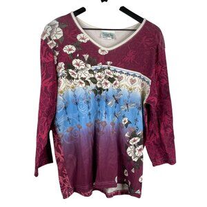 Cactus Bay Women's Dragonfly Asian Floral Top Multicolor Sz XXL 3/4 Sleeves